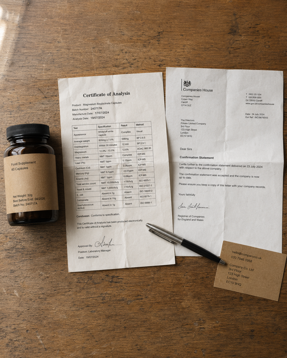 Certificate of analysis and Companies House confirmation letter beside a supplement bottle — proof of a real UK business