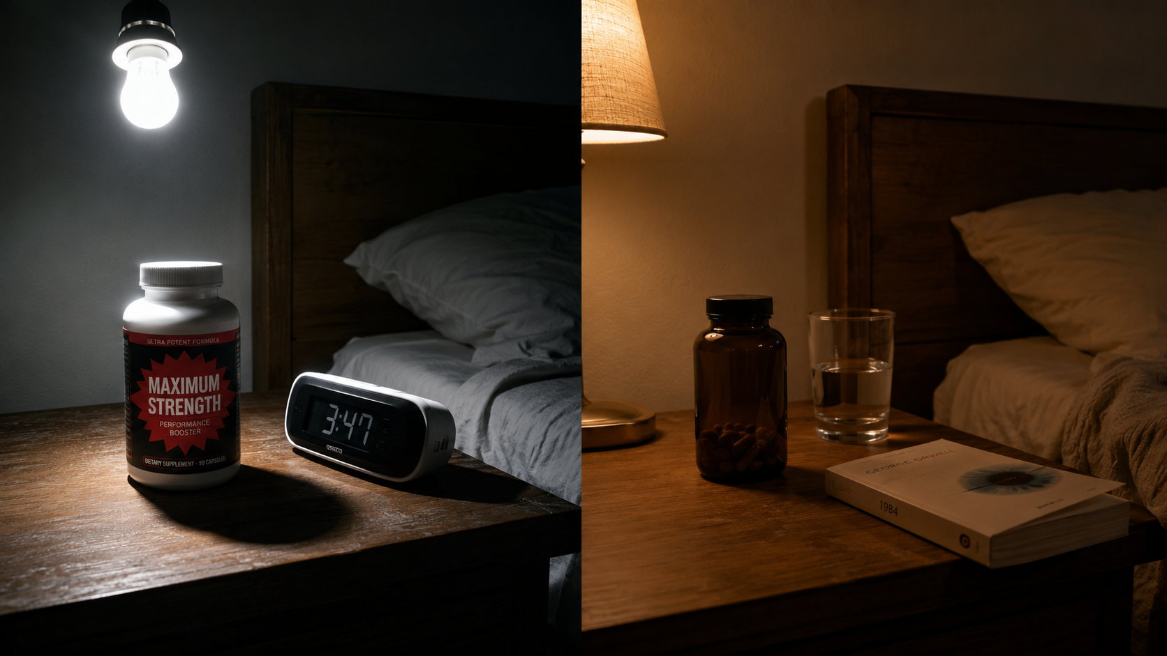Split-scene nightstand: harsh maximum-strength pill bottle under bright light versus a calm amber bottle beside a book and warm lamp