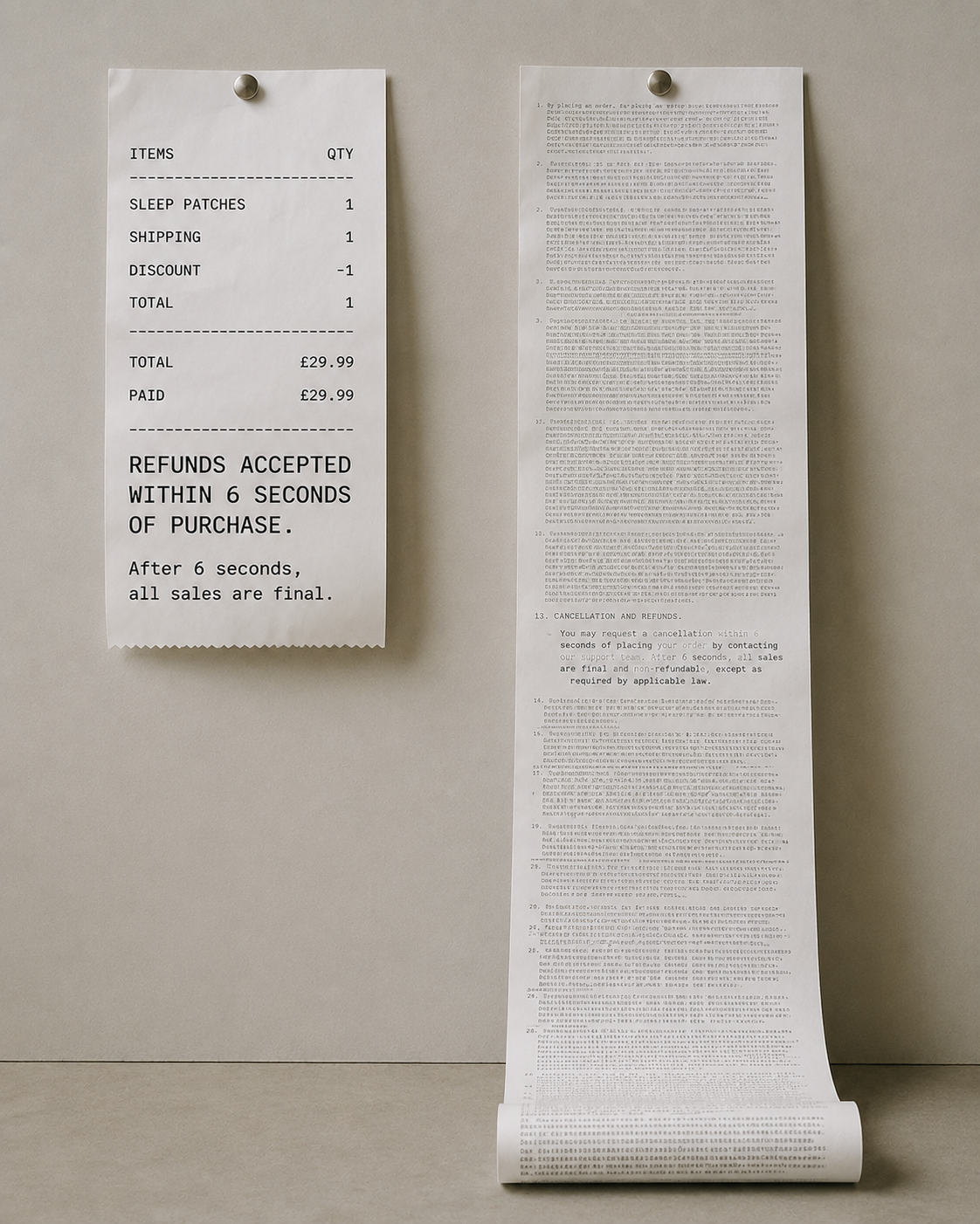 Mock receipt showing refunds accepted within 6 seconds of purchase — hidden refund terms